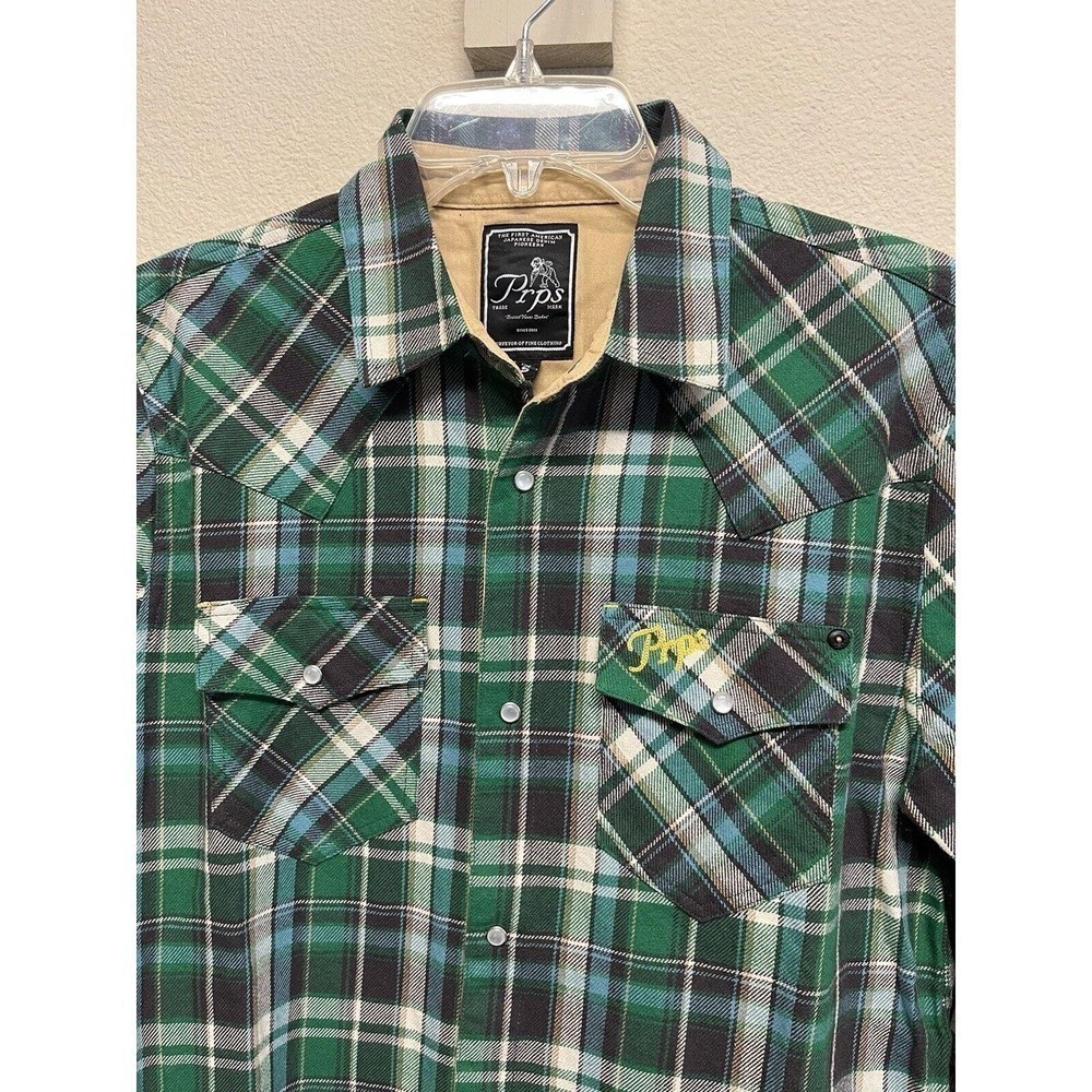 PRPS Jefferson Plaid Snap Button-Up Shirt Green Multi Men’s Size S NEW